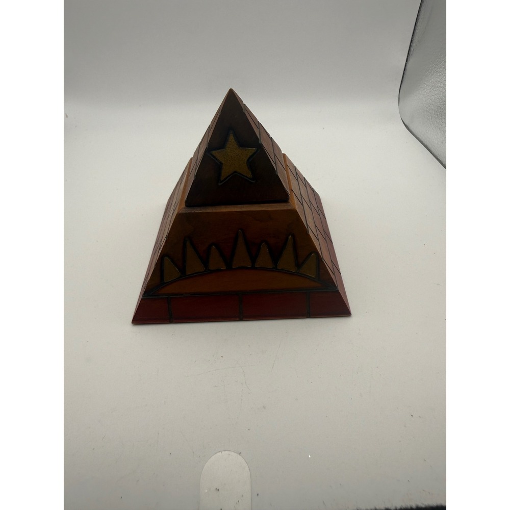 Handcrafted Wooden Pyramid Trinket Box Star Sun Celestial Decorative Keepsake
